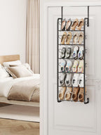 SWTYMIKI Over the Door Shoe Organizer - 6 Tier Hanging Shoe Rack for Door Storage - Heavy Duty Metal Behind Door or Wall Mount Shoes Shelf for Closet, Flats, Heels, Sneakers, Boots Black