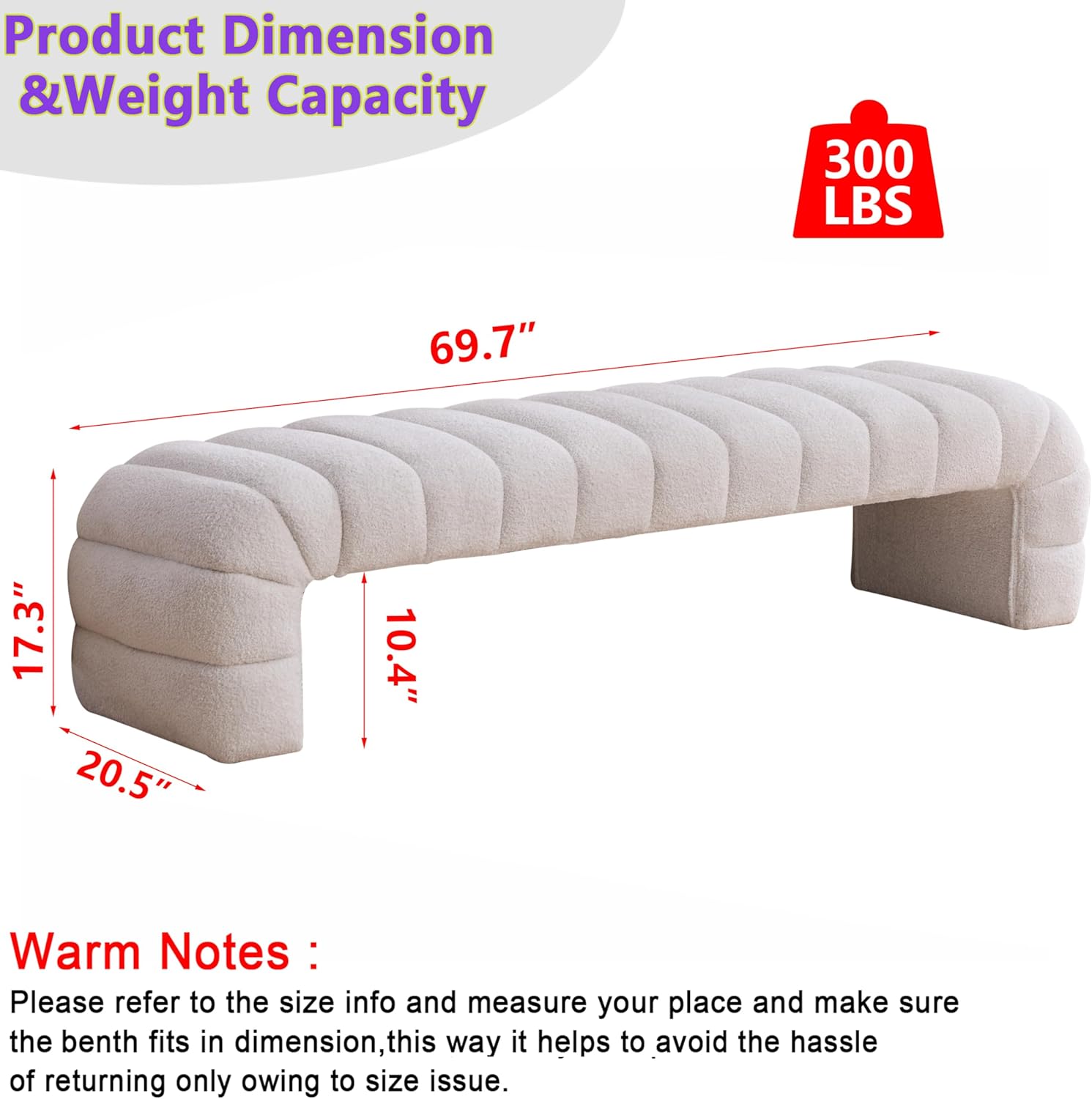 Arched Ottoman Bench for Bedroom Living Room,69.7" Chenille Long Benches for Bed End King Size,Modern Channel Tufted Seating Bench for Entryway,Window,Bedside (Ivory, 69.7")