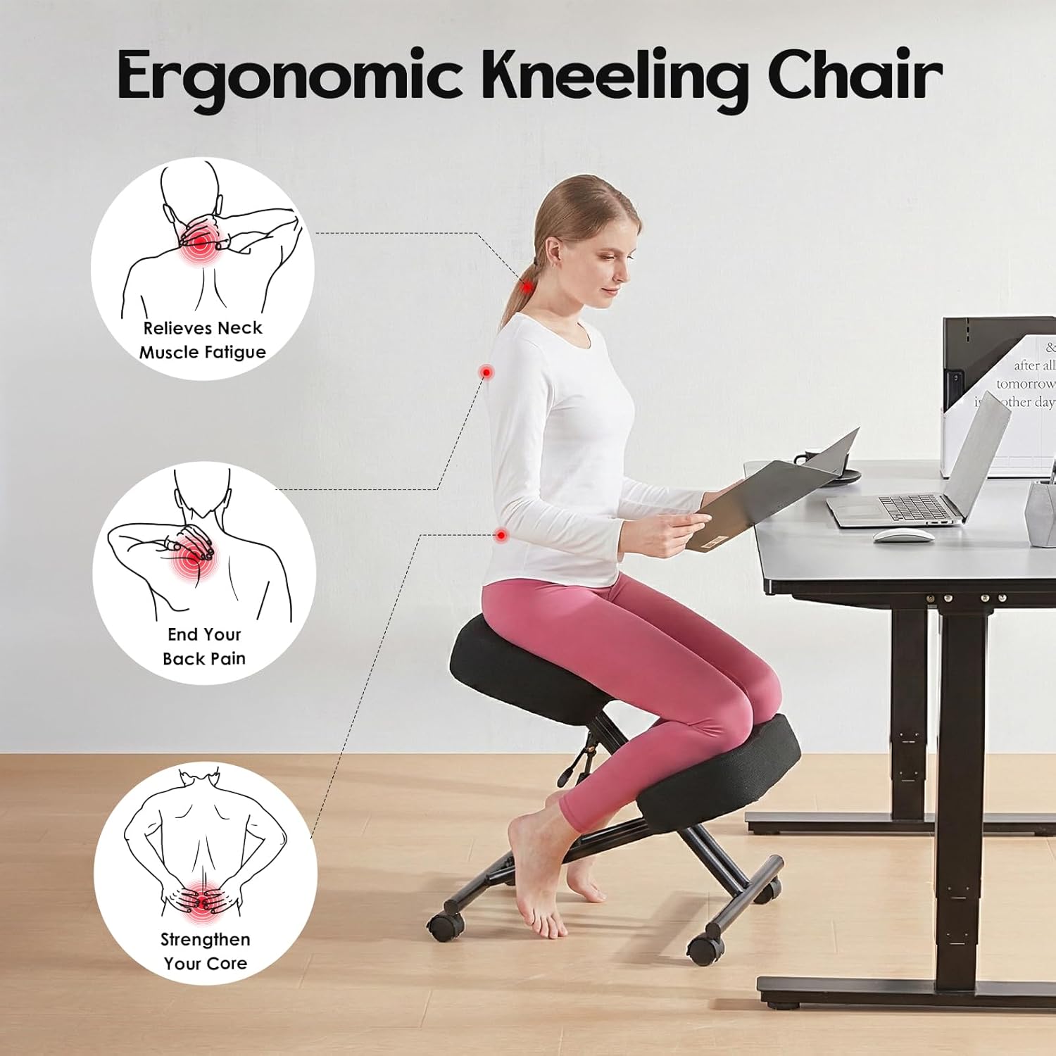 Kneeling Chairs Linen Ergonomic Home Office Chair Adjustable Height Seat Rolling Wheels Comfort Thick Cushion Work Stool Improve Posture Chairs