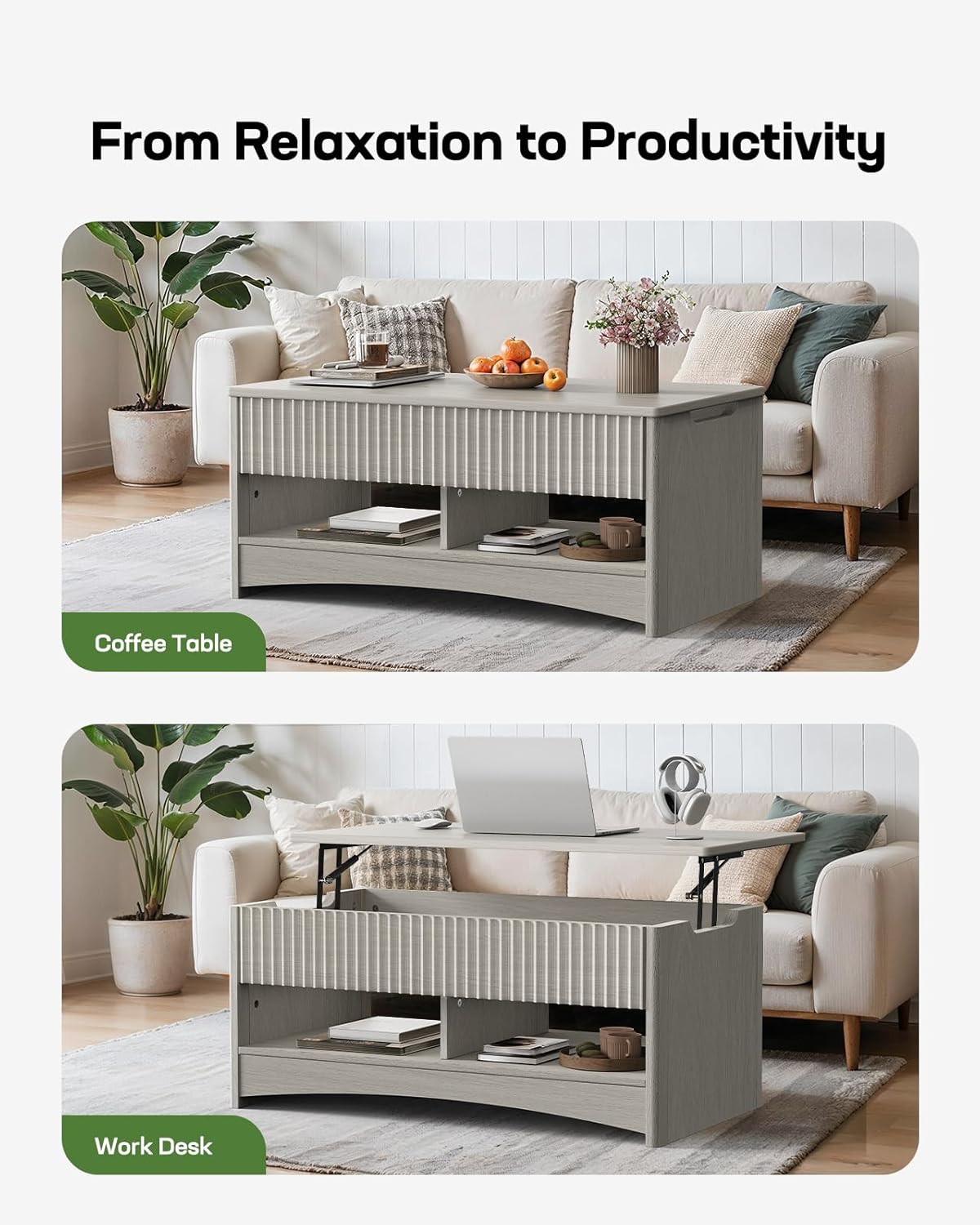 Marsail Lift-Top Coffee Table, Fluted Center Table with Hidden Compartments, Smooth Lifting & Space-Saving Design, Versatile Wood Coffee Table for Living Room and Office, Grey