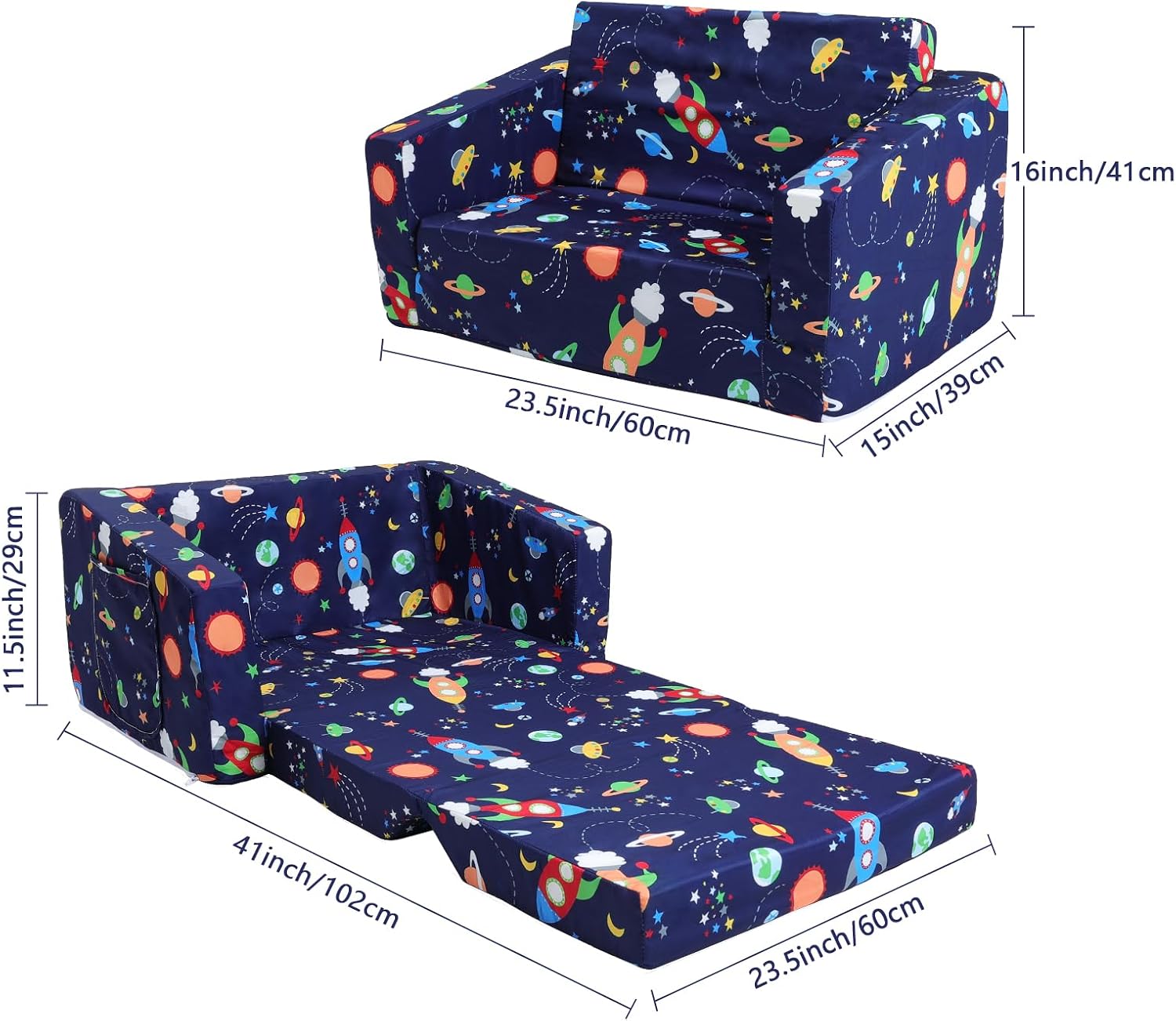 decalsweet Kids Couch Convertible Sofa to Lounger for Toddler Boy, Foldable 2-in-1 Kids Sofa Bed, Toddler Chairs Comfy for Bedroom Playroom, Blue Rocket