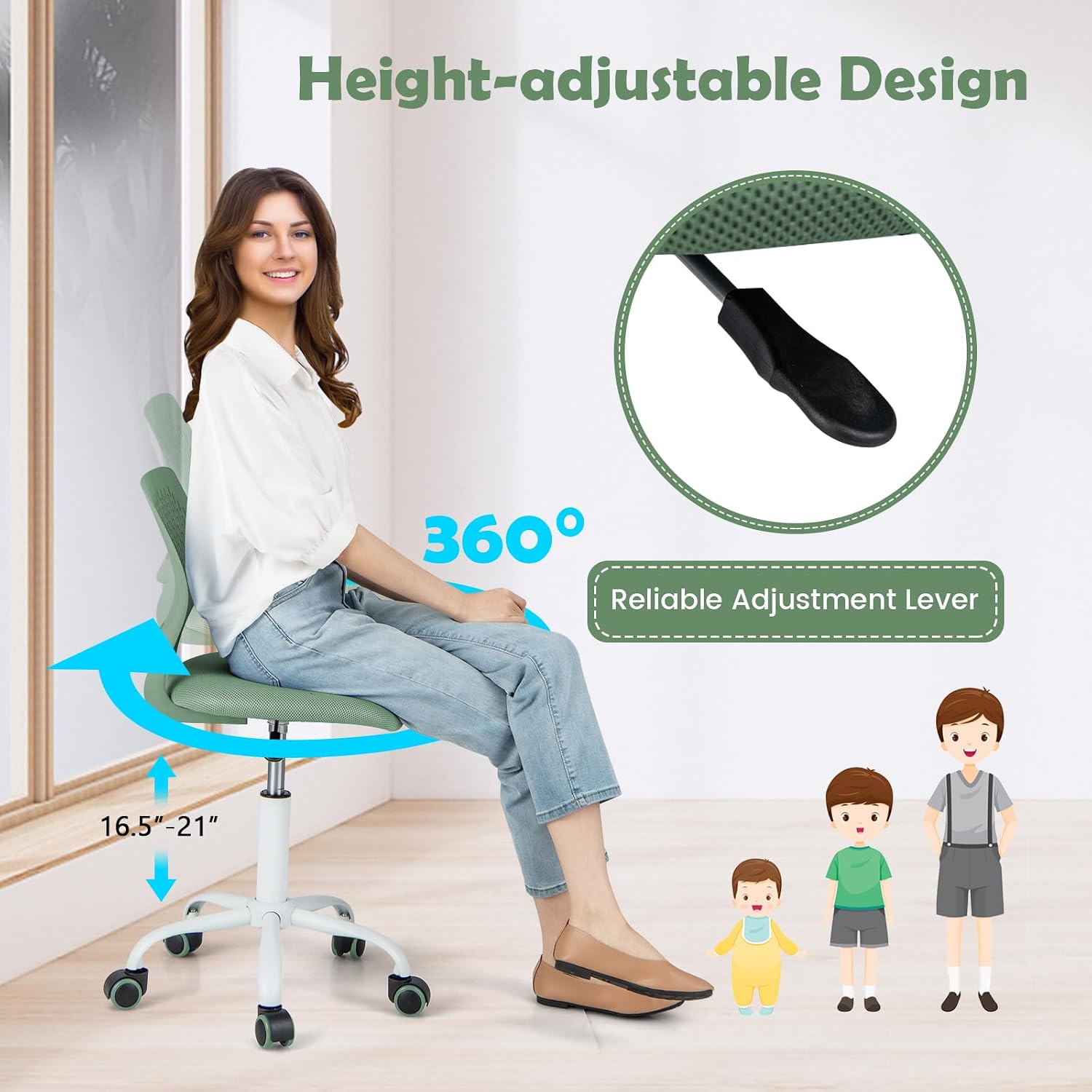 DORTALA Desk Chair for Teen, Kids Armless Swivel Small Cute Low-Back Mesh Office Chair Comfy with Adjustable Height, Lumbar Support, Ergonomic Computer Study Chair in Home Bedroom School (Sage Green)