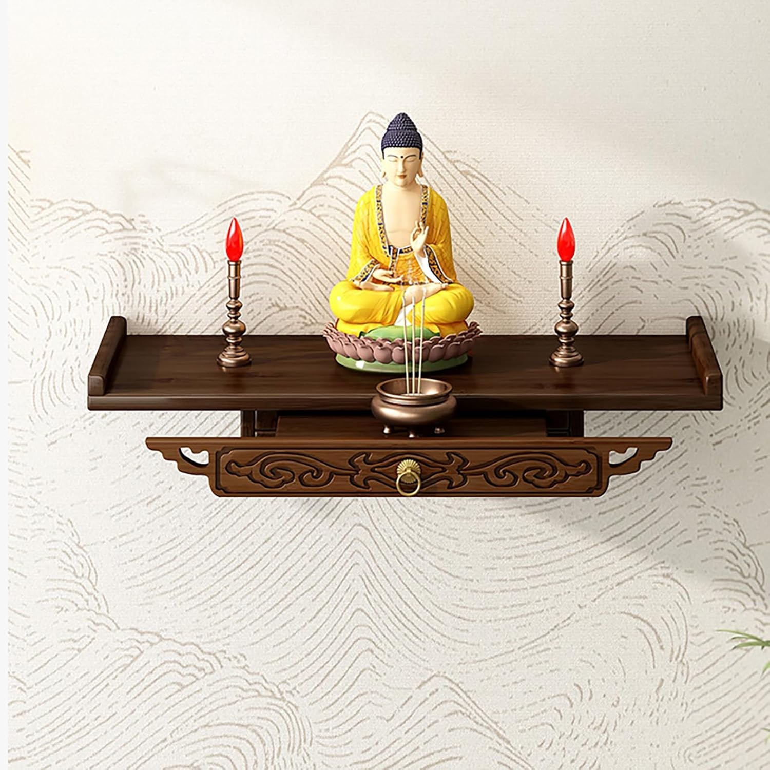 Prayer Altar Personal Shrine Stand Wall-Mounted Buddha Altar Shelf Stand, with Storage Tier, Antique Carving Buddha Offering Table(66cm/26in)