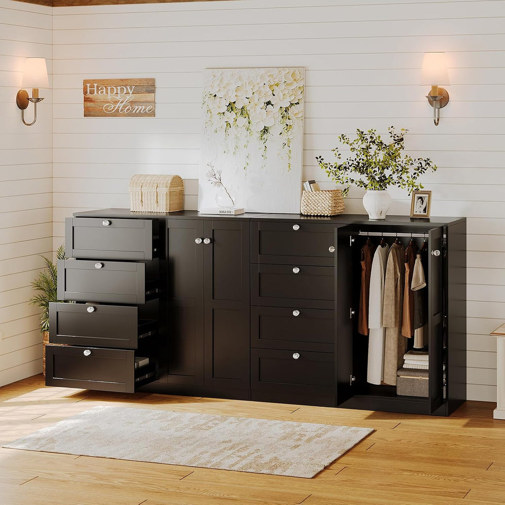 VOWNER 43''H Armoire Wardrobe Closet with 4 Drawers and 2 Doors | Small Clothing Storage Cabinet Dresser with Hanging Rod, Baby Closet Clothes Wardrobe for Bedroom, Black