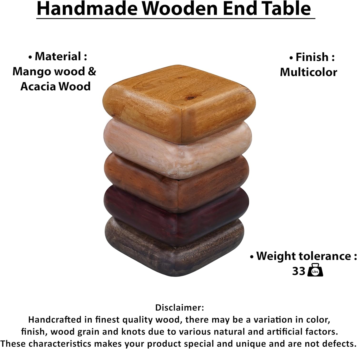 Zyra 18 Inch Side End Table, Sculptural Stacked Design, Mango and Acacia Wood Artisanship, Brown Finish, Modern Accent Table for Living Room, Bedroom, Entryway and Home Decor Display