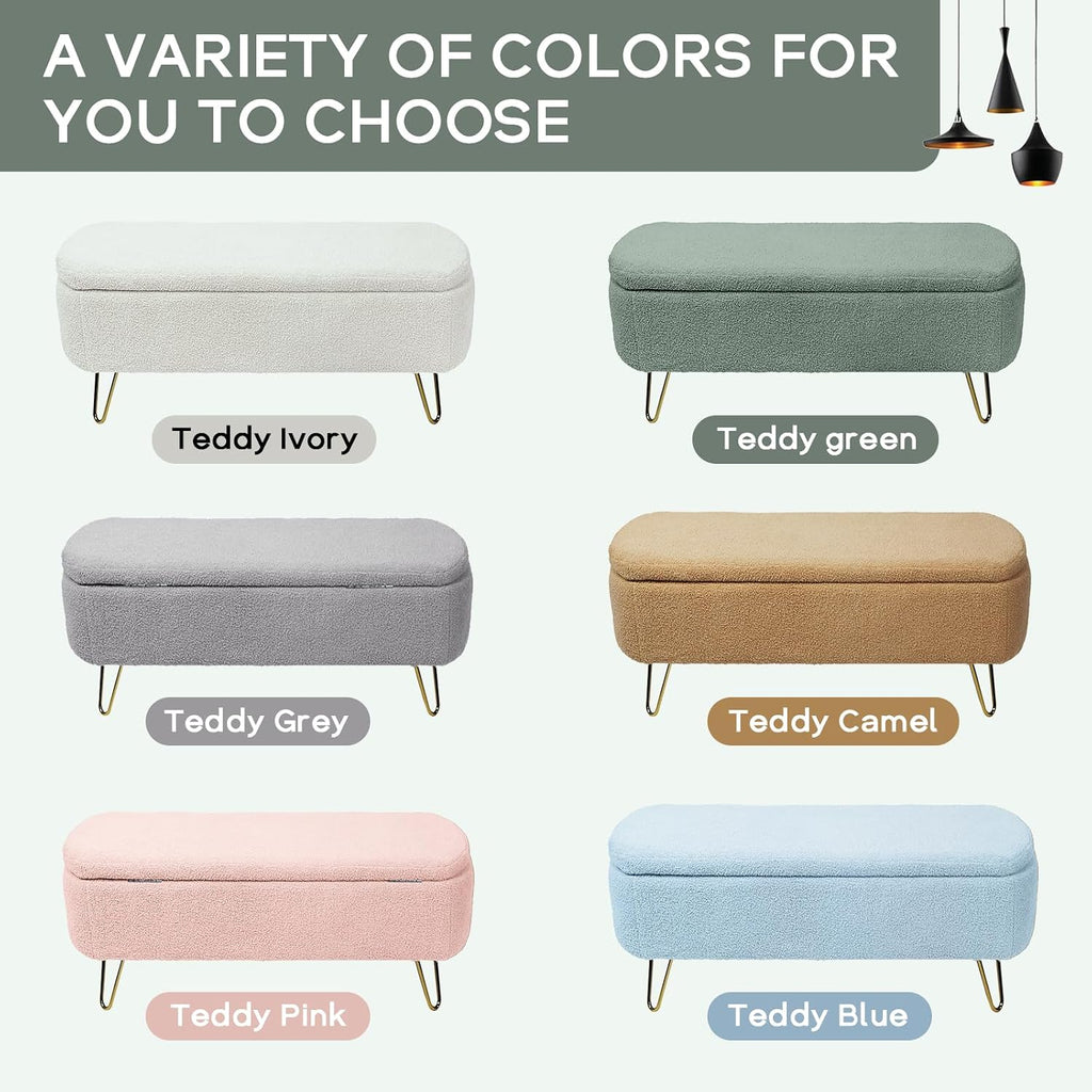 Modern Storage Ottoman Bench, Teddy Upholstered Entryway Bench with Gold Legs, Vintage End of Bed Bench with Safety Hinge, Padded Bench with Storage for Living Room, Bedroom, Entryway (Green)