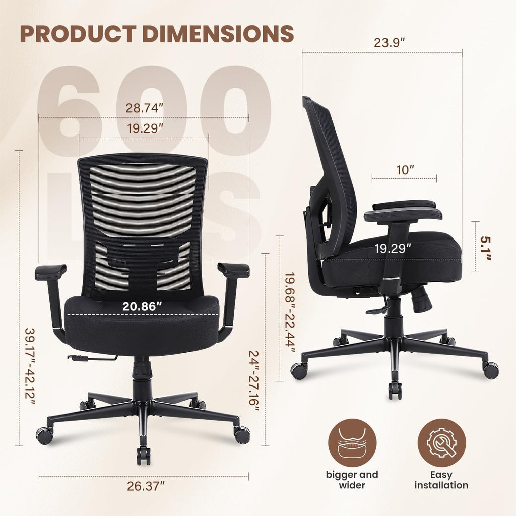 600lbs Big and Tall Office Chair with Adjustable Lumbar Support,Ergonomic Heavy Duty Office Chair for Heavy People,Mesh Desk Chair with Wide Seat for Home