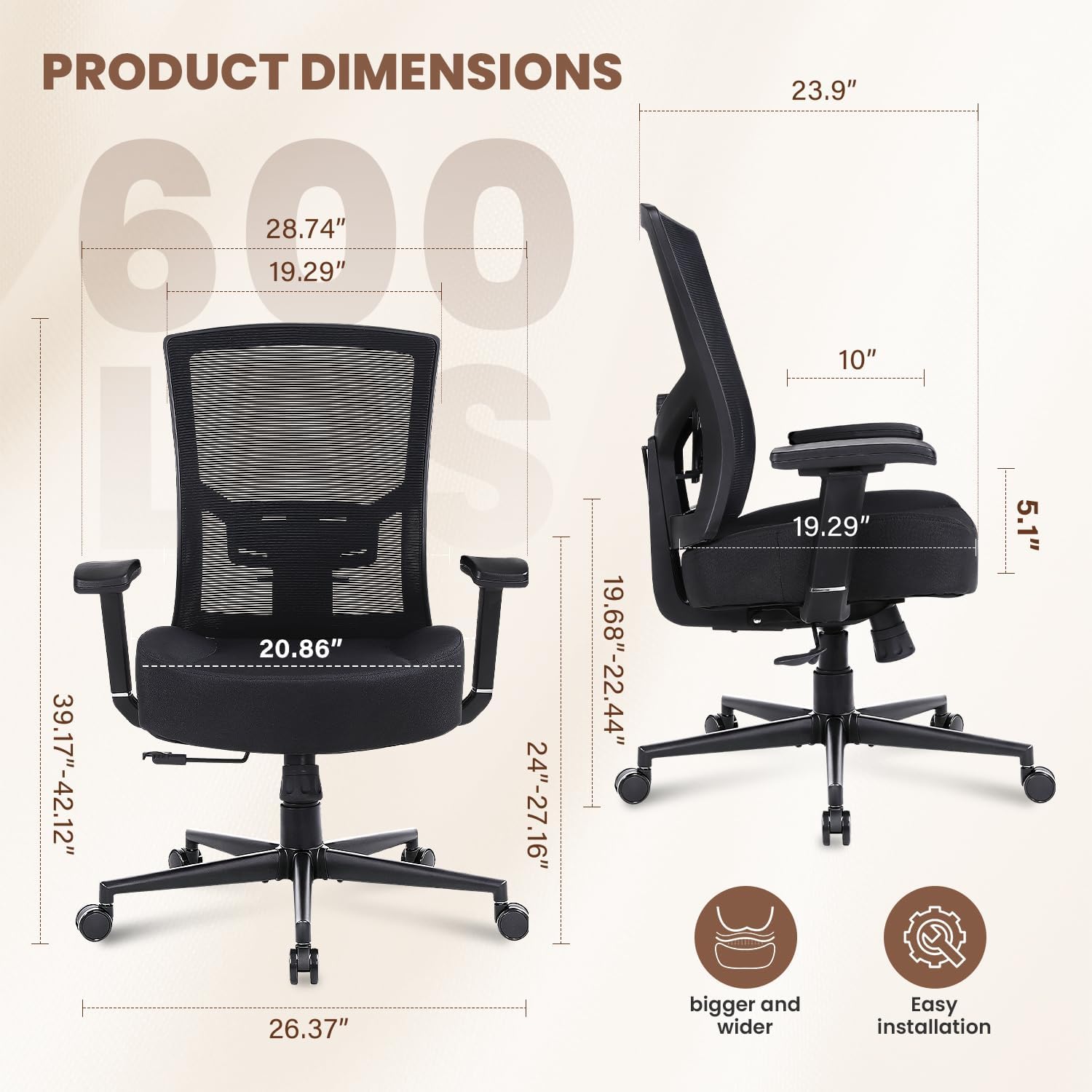 600lbs Big and Tall Office Chair with Adjustable Lumbar Support,Ergonomic Heavy Duty Office Chair for Heavy People,Mesh Desk Chair with Wide Seat for Home