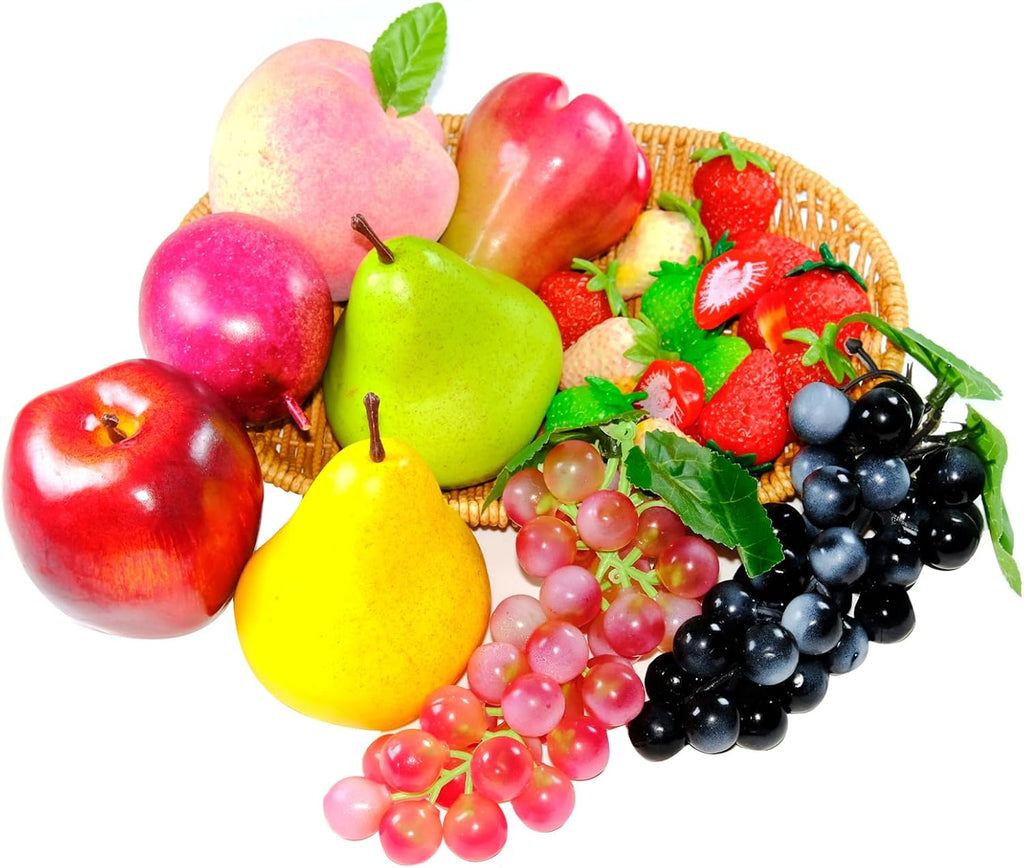 24Pcs Realistic Artificial Fruit Set,Fake Strawberries Grapes Plastic Wax Apples Pears Peaches Passion Fruits,Plastic Lifelike Fruits for Home Kitchen Cabinet Table Decor,Photography Props