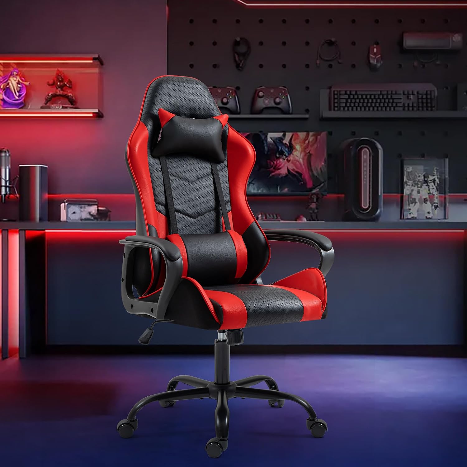 ECOTOUGE Gaming Chair, Ergonomic Computer Gamer Chair with Massage Lumbar Support & Rocking High Back, 360° Swivel Video Game Chair for Gaming or Office, Height Adjustable (Red)