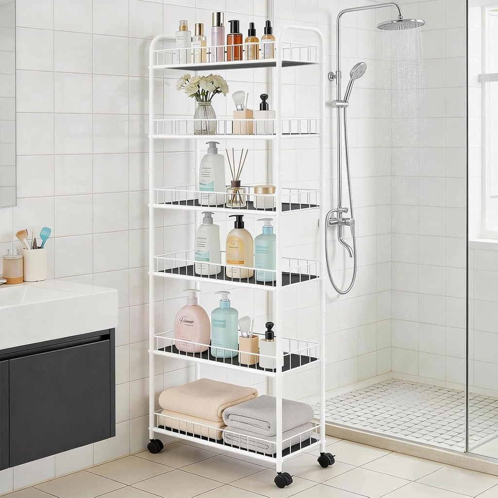 10in Slim Storage Cart, Metal 6-Tier Narrow Rolling Shelf, Sturdy Slim Storage with Hooks Ideal for Kitchen, Bathroom, and Laundry Room (10in White)