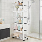10in Slim Storage Cart, Metal 6-Tier Narrow Rolling Shelf, Sturdy Slim Storage with Hooks Ideal for Kitchen, Bathroom, and Laundry Room (10in White)