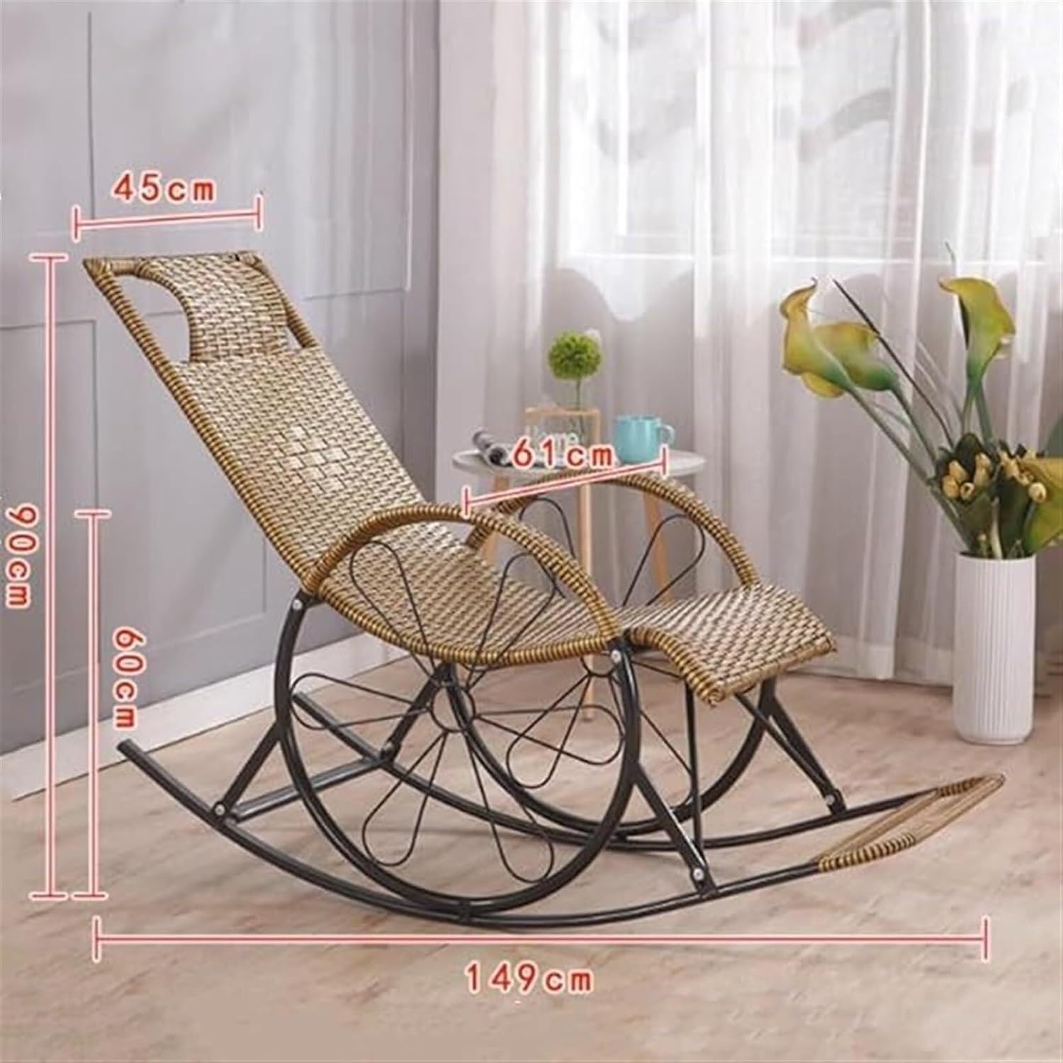 Outdoor Leisure Rattan Rocking Chair, Solid Wood High Back Recliner with Two-Wheel Design, Strong Load-Bearing Capacity for Porch, Patio, Garden, Indoor Use(Brown)