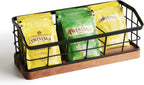 WILDMOS Tea Bag Organizer,Iron Wire Basket with Wooden Base.Tea Storage Containers with 3 Slots,Sugar Packet,Tea Bar Accessories for Countertop Cabinet Drawer.