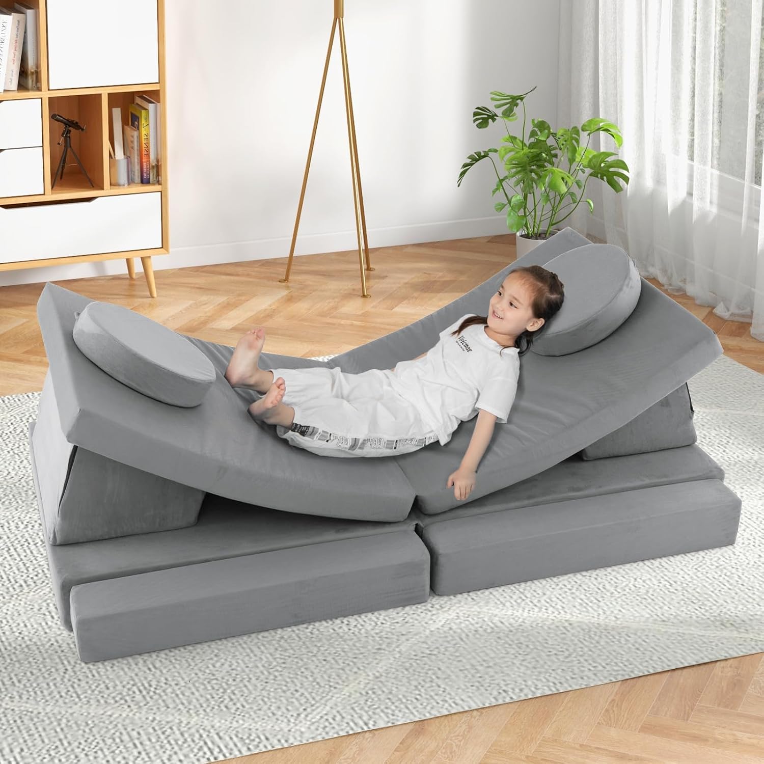 Costzon Kids Play Couch Sofa, Large Modular Folding Sofa Building Fort Playset with Handle, Machine-Washable Cover, Convertible Foam Cushion for Playroom Bedroom Boys Girls Gifts (10-Piece, Gray)