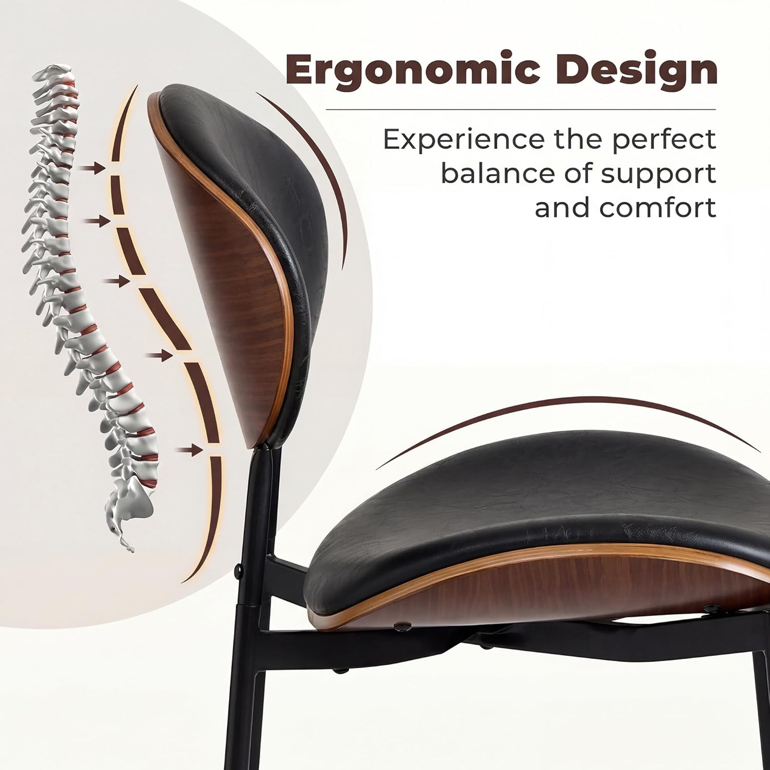 BedsPick Mid-Century Modern Dining Chairs Set of 4, PU Leather Upholstered Dining Room Chairs with Walnut Grain Back, Bentwood Kitchen Chairs with Adjustable Feetpads for Dining Room, Kitchen, Black
