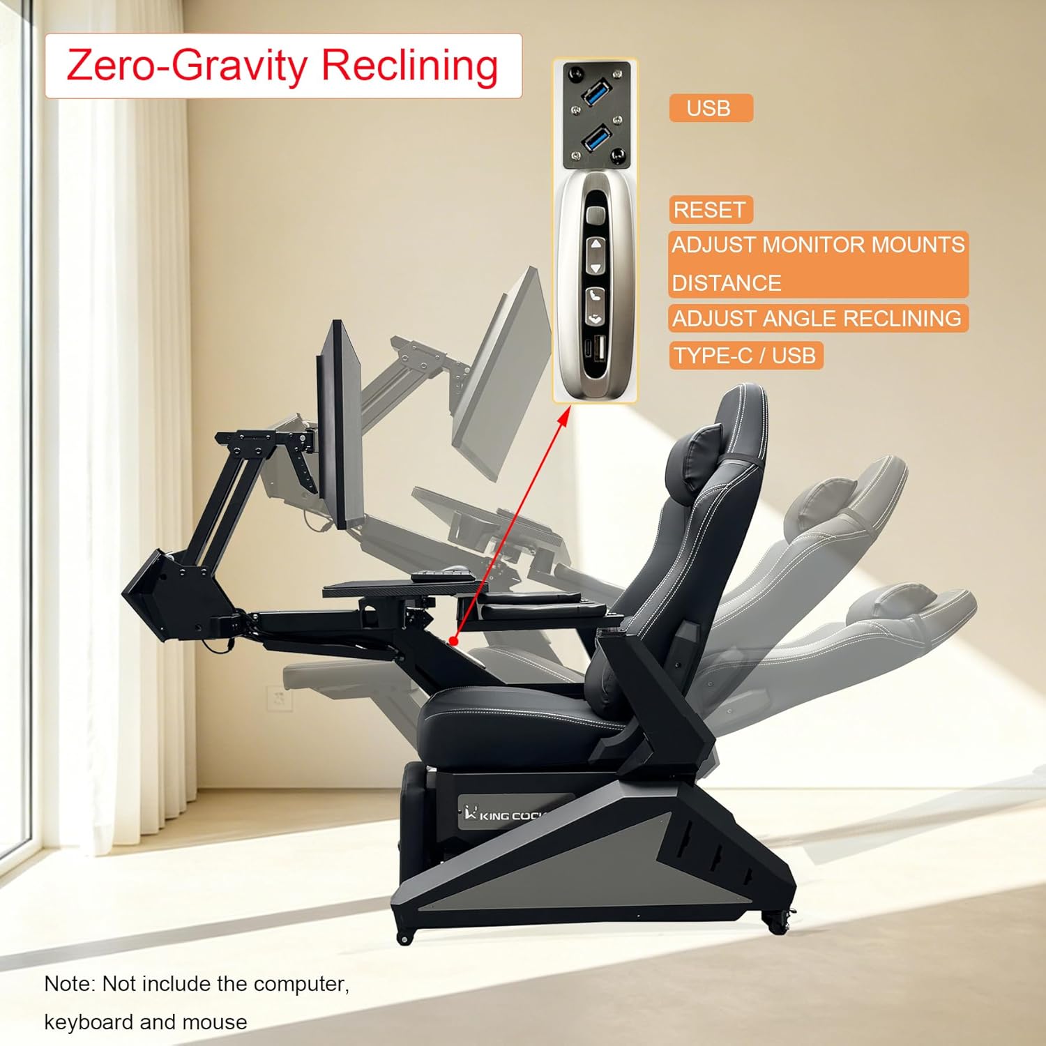 KING COCKPIT Zero-Gravity Reclining Chair for PC Gaming, Sim Racing &Home Office, Workstation with Electrically Adjustable Monitor Distance,Adjustable Keyboard Tray&Cup Holder-Black