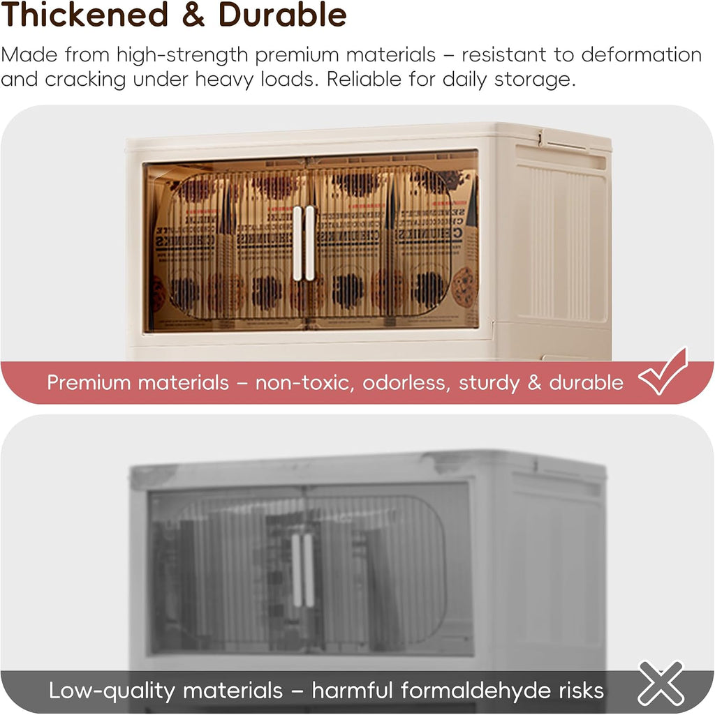 Stackable Organizer Drawers with Wheels, Foldable Plastic Storage Bins for Clothes/Dorm Room Double Door Cream Rolling Cabinet Height (Reinforce Stripe: 3 Clear, 19.8"D x 11.8"W x 31.1"H)
