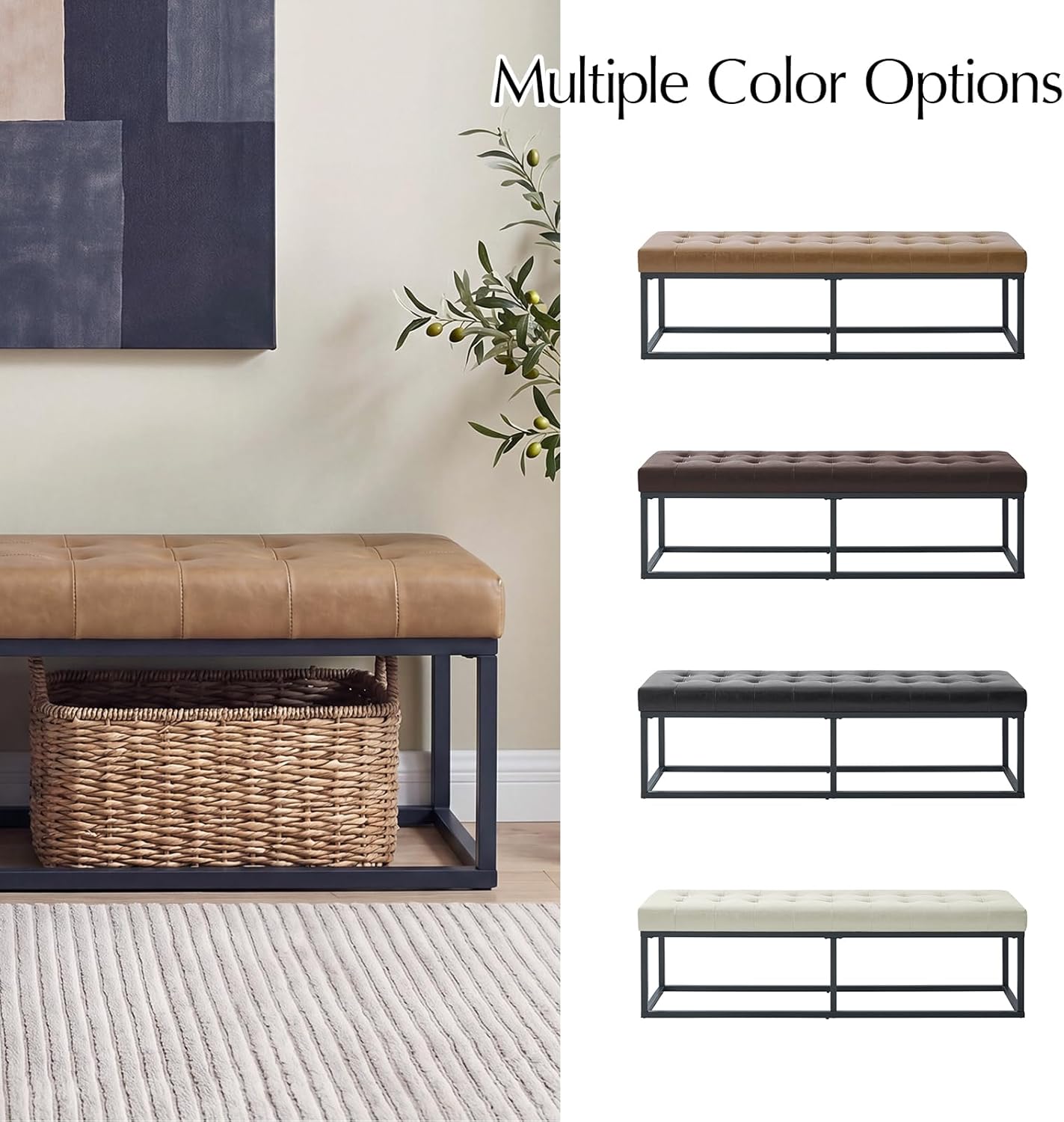 60.5" Faux Leather Bench with Button Tufted Seat, Mid-Century Modern Upholstered End of Bed Bedroom Benches, Oversized Entryway & Dining Room Ottoman with Metal Base, Camel