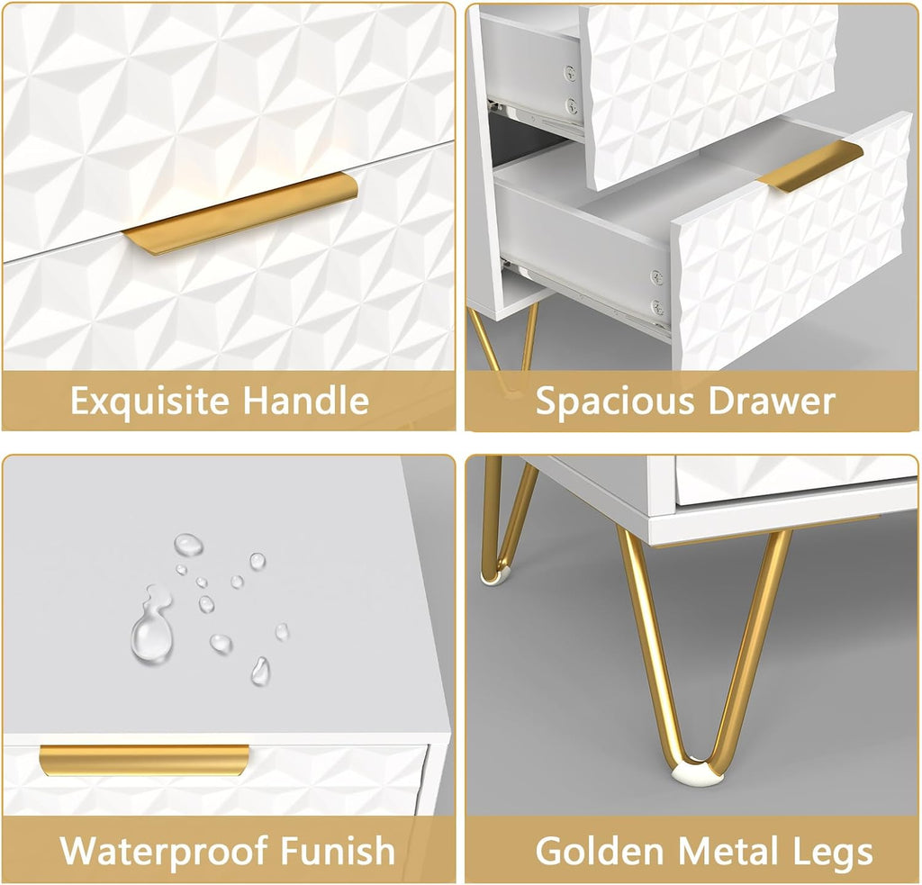 Modern Night Stand Set of 2, White Bedside Tables with 2 Drawers Storage for Bedroom, Wood End Side Table with Gold Legs for Living Room