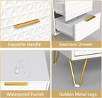 Modern Night Stand Set of 2, White Bedside Tables with 2 Drawers Storage for Bedroom, Wood End Side Table with Gold Legs for Living Room