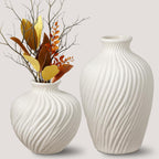 White Ceramic Vase Set of 2 - Modern Flower Vases for Home Decor - Rustic Textured White Vase for Living Room Decor - 8.65×5.5 & 5.5×5.5 Inch Round Vases for Dining Table Centerpiece Decoration