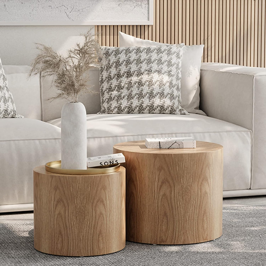 WILLIAMSPACE Nesting Coffee Table Set of 2, Round Wooden Coffee Tables Modern Circle Table for Small Space Living Room Bedroom Accent End Side Table (Wooden Color-Round)