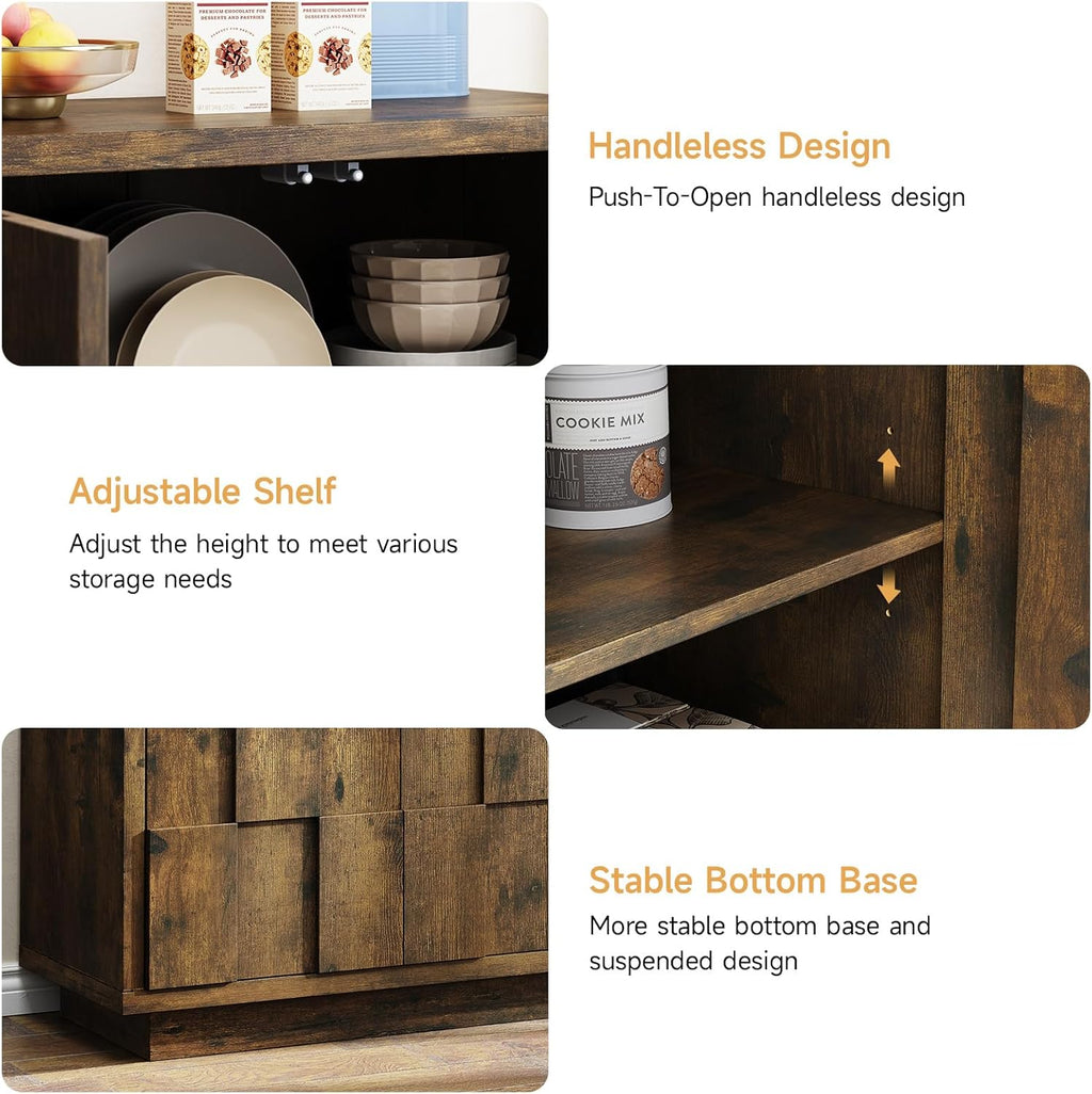 ONBRILL 60" Sideboard Buffet Cabinet with Storage, Irregular Panel Design Credenza Mid Century Farmhouse Coffee Bar Cabinet with 4 Doors & Adjustable Shelves for Living Room, Hallway (Rustic Brown)