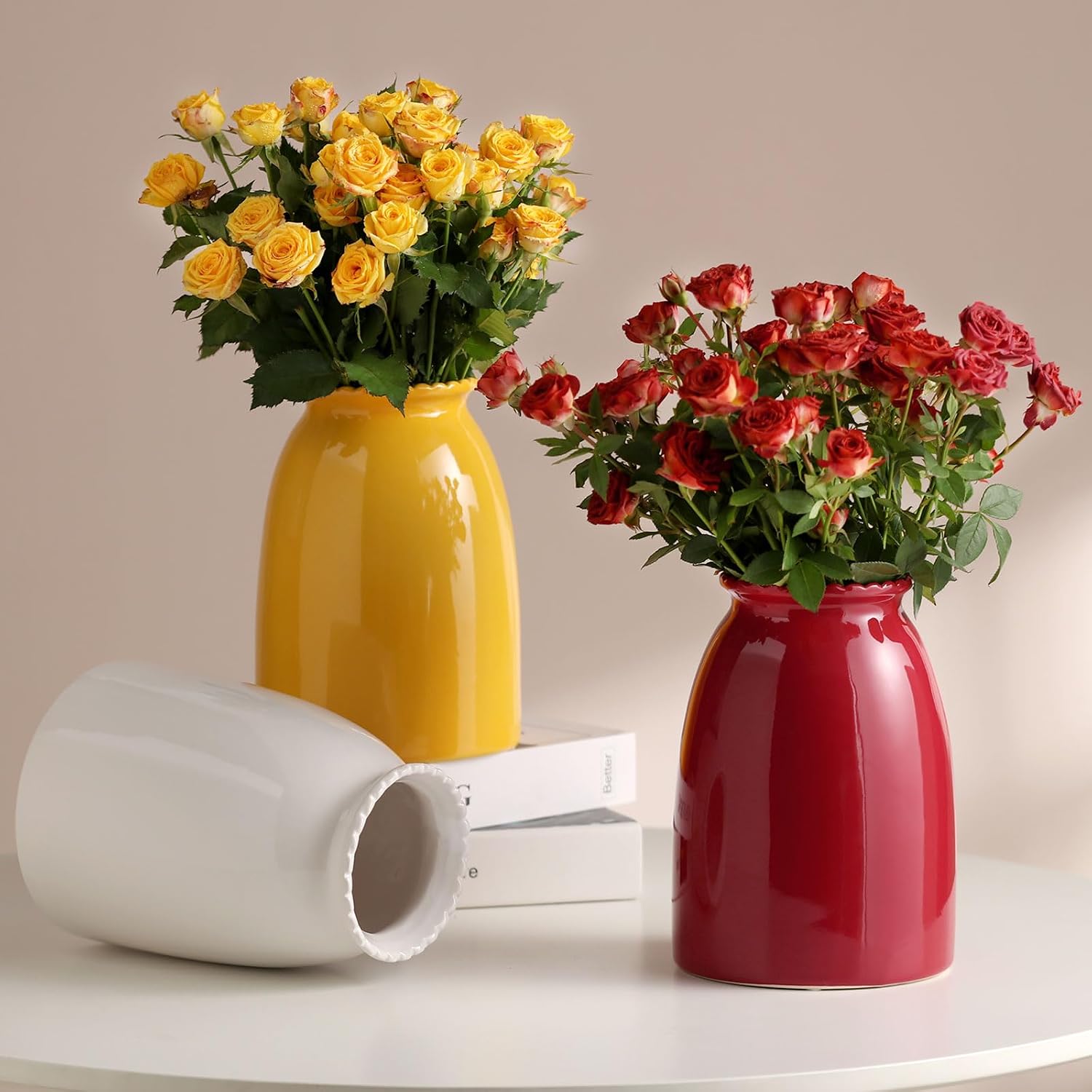 White Ceramic Vase Modern Minimalist Table Centerpiece, Round Smooth Flower Holder for Living Room, Shelf, Mantel, Wedding & Home Decor-8.27" H