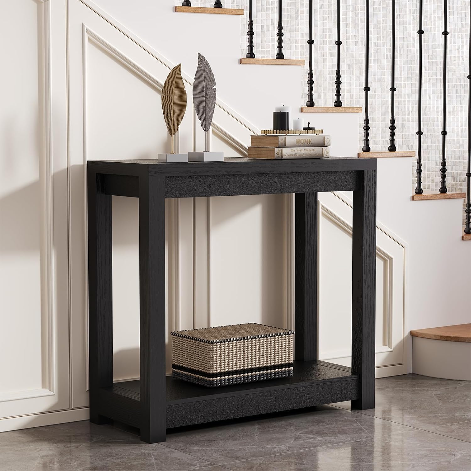32" Entryway Table, Long Narrow Console Table with Shelves, Farmhouse Wood Sofa Table Behind Couch, Rustic Entry Table for Hallway, Living Room or Foyer, Black