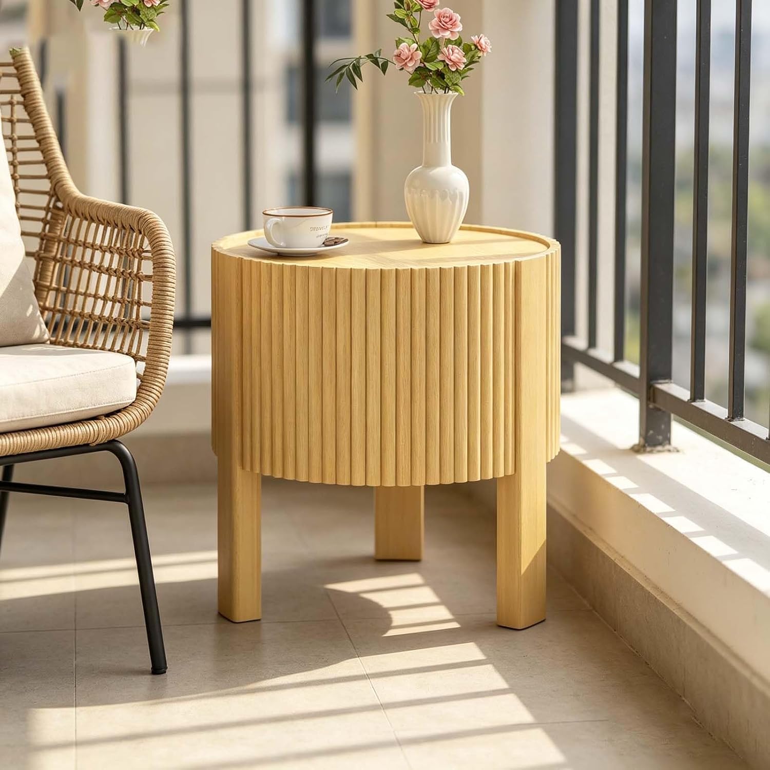 Natural Wood Round Fluted Side Table, Boho end Tables Living Room, Decorative Accent Table for entryway