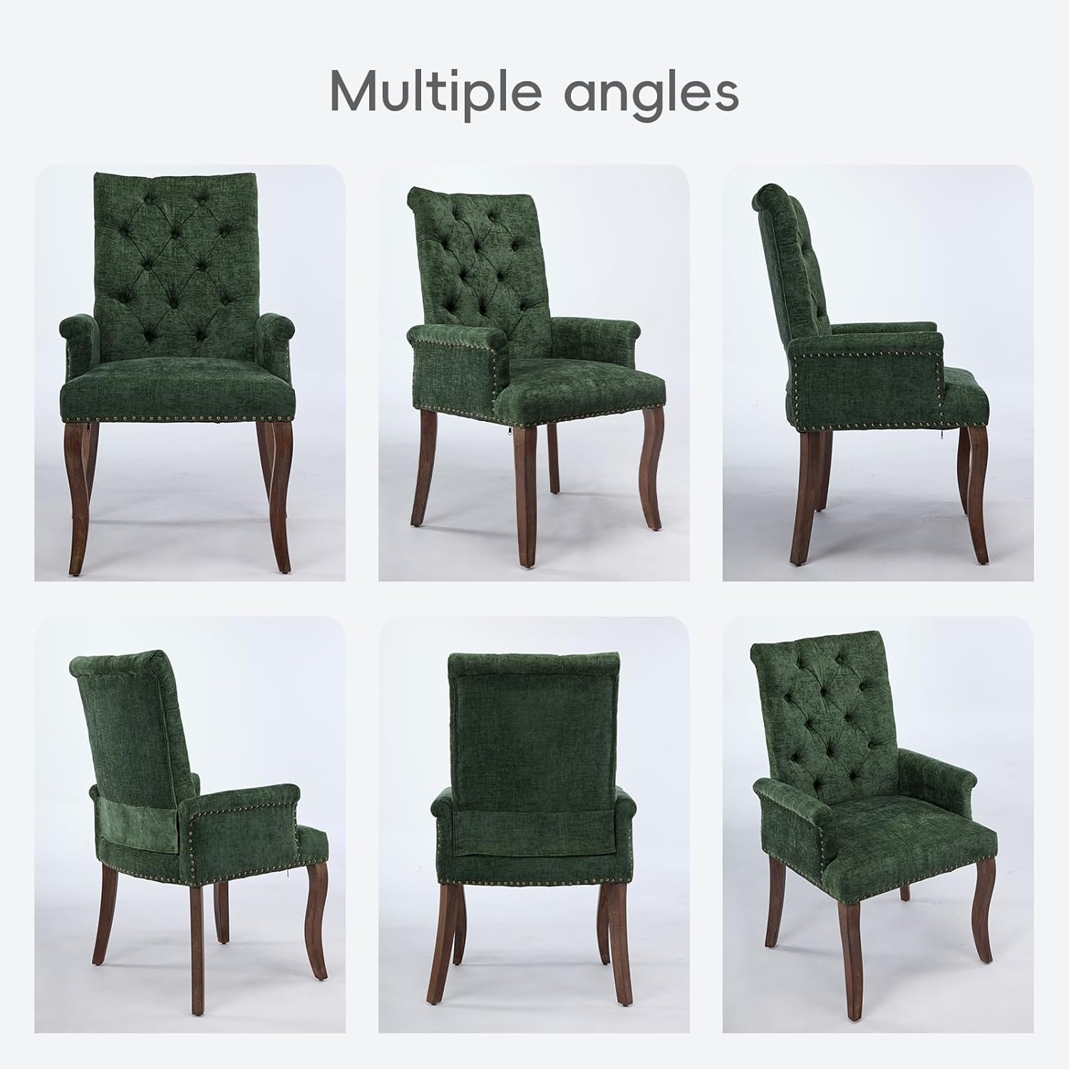Upholstered Tufted Chenille Dining Chairs with Arms & Nailhead Trim – Solid Wood Frame & Legs, Modern Farmhouse for Dining, Kitchen & Living Room (Set of 2, Olive Green)