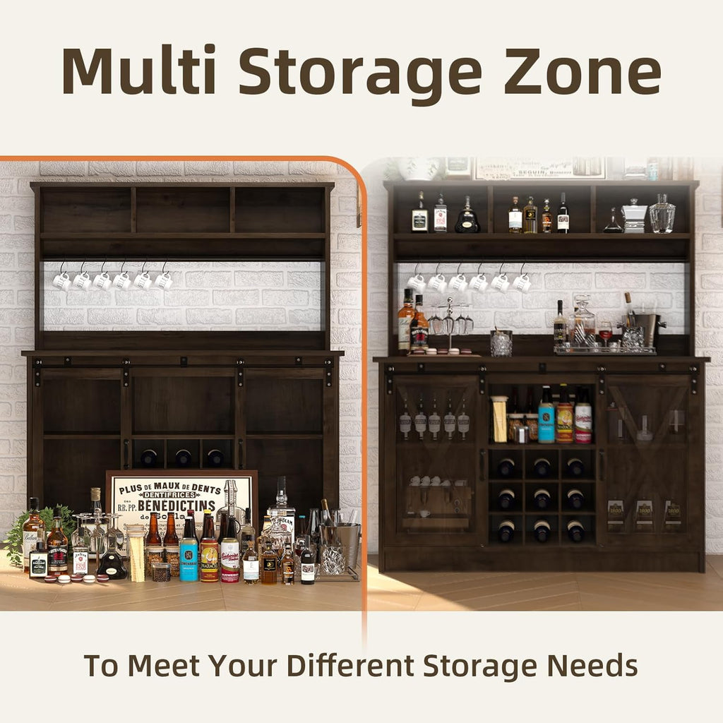 4ever2buy Farmhouse Coffee Bar Cabinet with Storage, 47” Wine Bar with Sliding Barn Doors and 3 Storage Hutch, Hutch Cabinet with 6 Hooks & 9 Wine Racks for Dining Room, Kitchen, Dark Oak