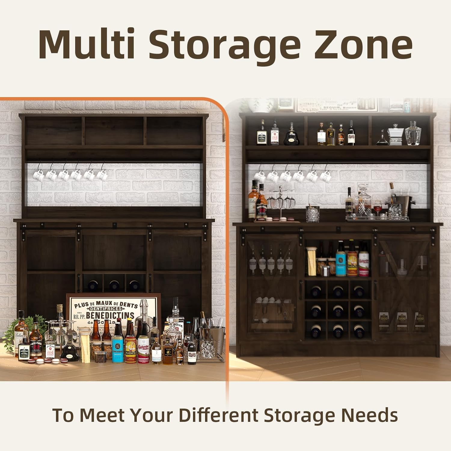 4ever2buy Farmhouse Coffee Bar Cabinet with Storage, 47” Wine Bar with Sliding Barn Doors and 3 Storage Hutch, Hutch Cabinet with 6 Hooks & 9 Wine Racks for Dining Room, Kitchen, Dark Oak