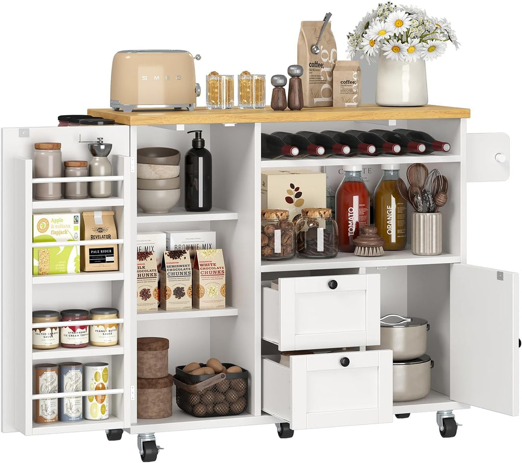 knoworld Rolling Kitchen Island with Storage Cabinet, 41.3'' Width Kitchen Cart with Desktop Drop Leaf Countertop, Portable Mobile Island with Towel Rack, Spice Rack Shelf, White