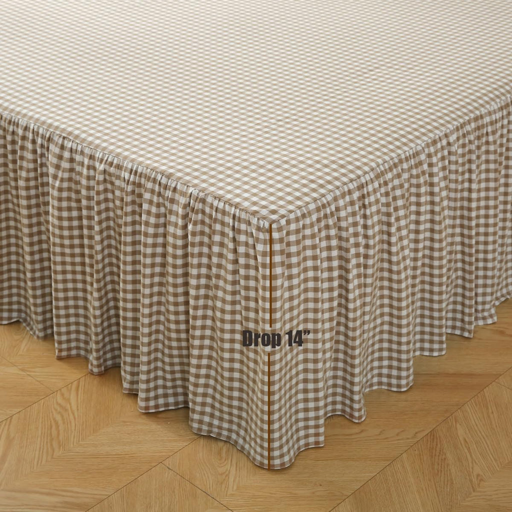 Silnuo Taupe/White Plaid Bed Skirt Washed Cotton Shabby Gingham Checkered Dust Ruffle King Size 14" Bedding(1 Bed Skirt Only)