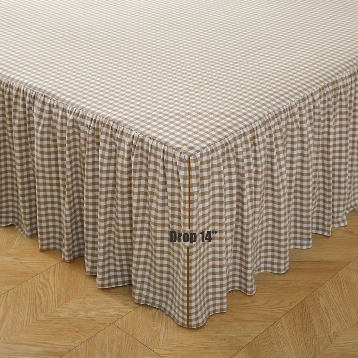 Silnuo Taupe/White Plaid Bed Skirt Washed Cotton Shabby Gingham Checkered Dust Ruffle King Size 14" Bedding(1 Bed Skirt Only)
