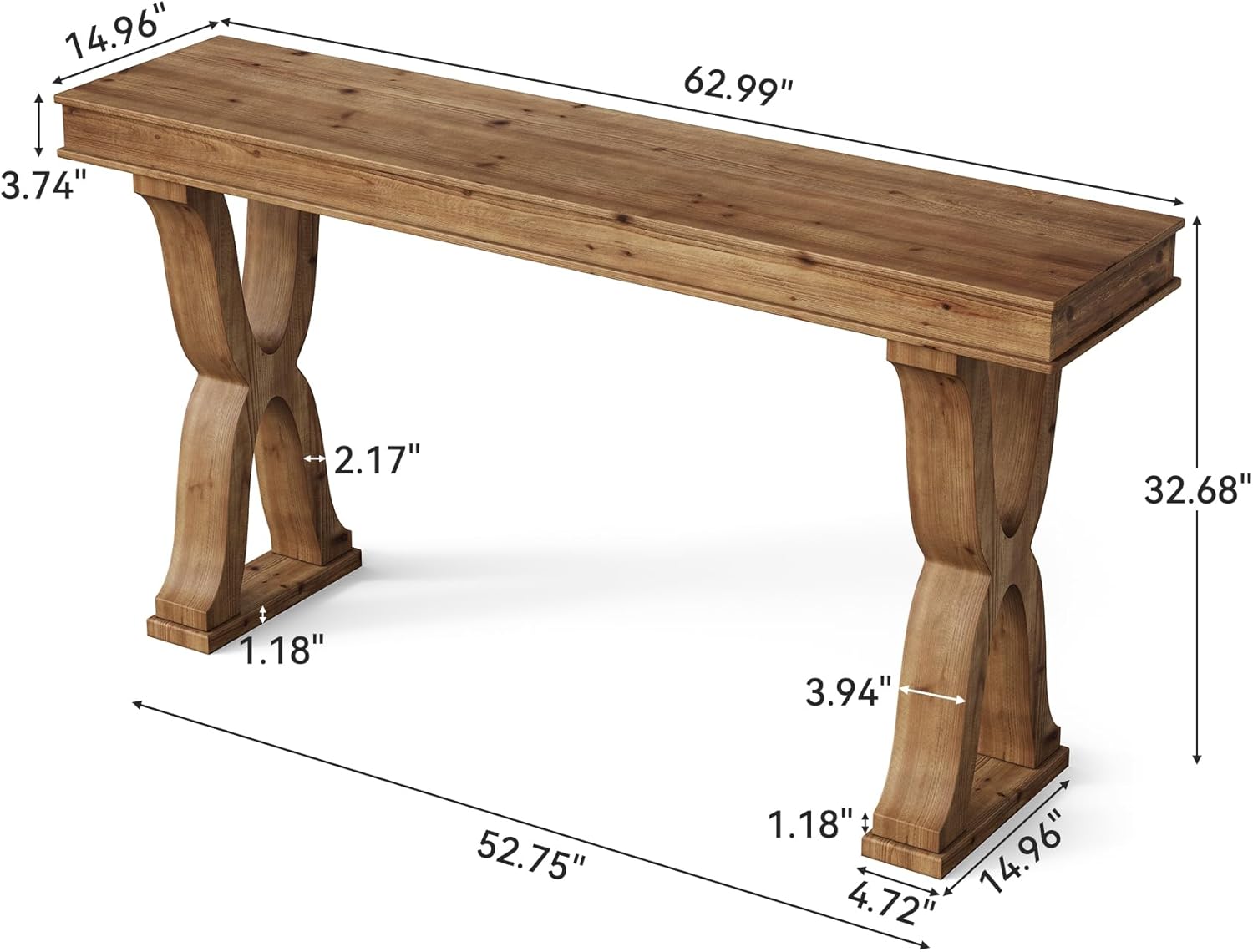 Solid Wood Console Table 63 Inch, Farmhouse Entryway Table with X-Shaped Legs, Narrow Sofa Table Behind Couch for Living Room, Hallway, Foyer, Sturdy & Easy Assembly