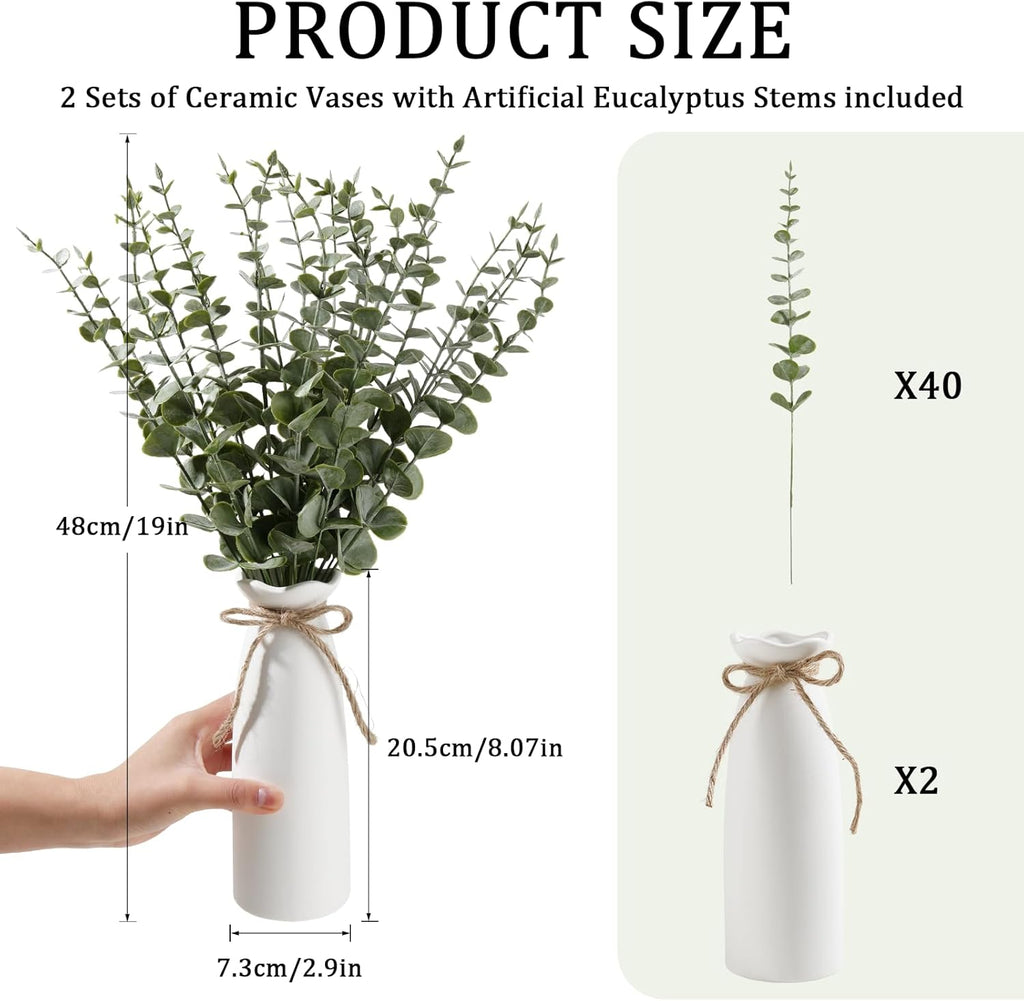 19" Fake Plants with Vase,40 Faux Eucalyptus Stems 2 White Ceramic Vases Realistic Artificial Plants indoor Artificial Greenery Stems in Vases for Centerpieces Bathroom Bedroom Modern Farmhouse Decor