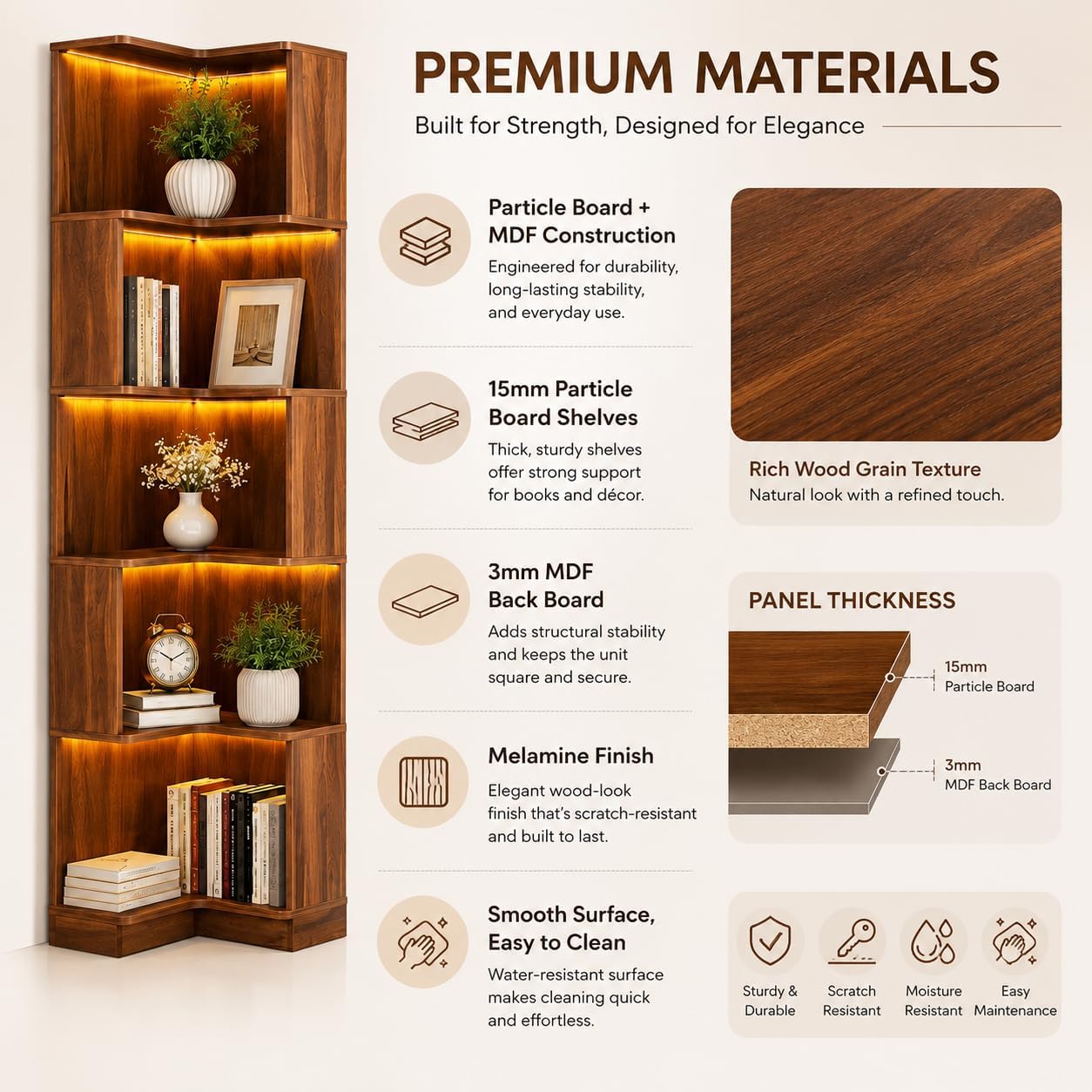 ODC 5-Tier Corner Bookshelf with LED Lights, Freestanding L-Shaped Corner Bookcase with Baffles, Wood Tall Corner Display Shelf Stand for Living Room, Study Room, Home Office - Walnut