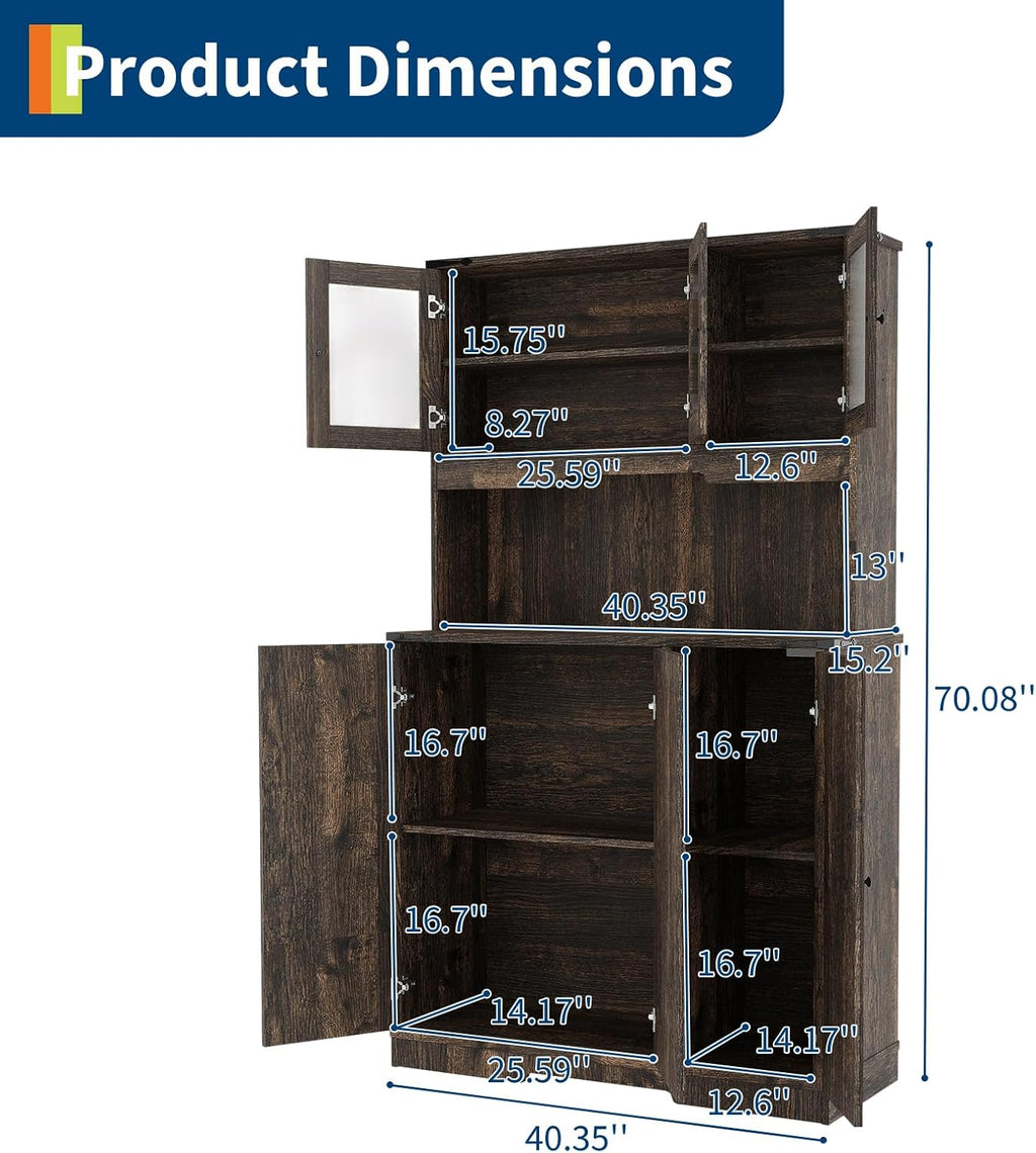 70in Tall Kitchen Pantry Cabinet, Wood High Freestanding Cupboard Storage Cabinet Farmhouse Coffee Bar with Charging Station and Adjustable Shelf for Dining Room, Dark Oak