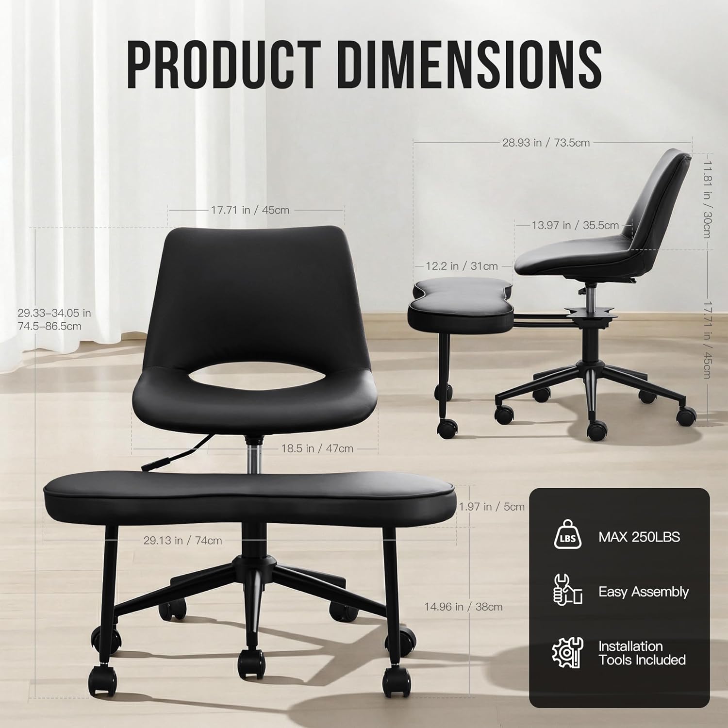 Ergonomic Cross-Legged Lounge Chair – High Lumbar Support, Adjustable Height, 360° Swivel, Wide Criss Cross Seat, Smooth Wheels – Ideal for Meditation, Yoga, ADHD – PU Leather, Black
