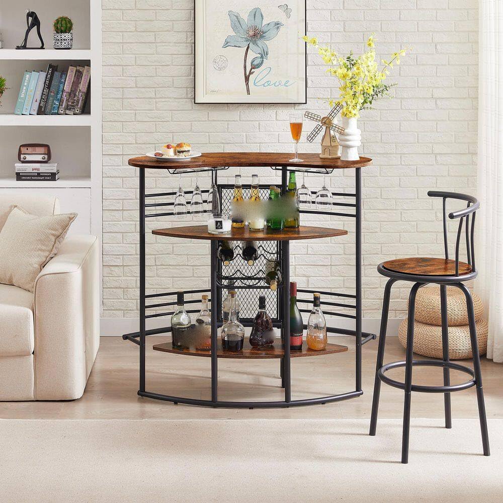 Oval Bar Table with Wood Counter Top and Wine Rack Storage Bar Cabinet for Dining Room Brown Metal Frame Coffee Bar Stand for Home
