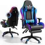 Mr IRONSTONE RGB Gaming Chair with Bluetooth Speakers, Ergonomic Gamer Chair with LED Lights, Vibration Lumbar Support, Footrest and High Back Reclining Design for Adults, Blue