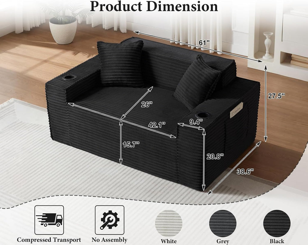 61” Boneless Loveseat Sofa, Comfy Corduroy Boneless Couch with Cup Holders & Storage Pockets, Deep Seat 2-Seater Cloud Couches for Small Space Living Room No Assembly Required, Black