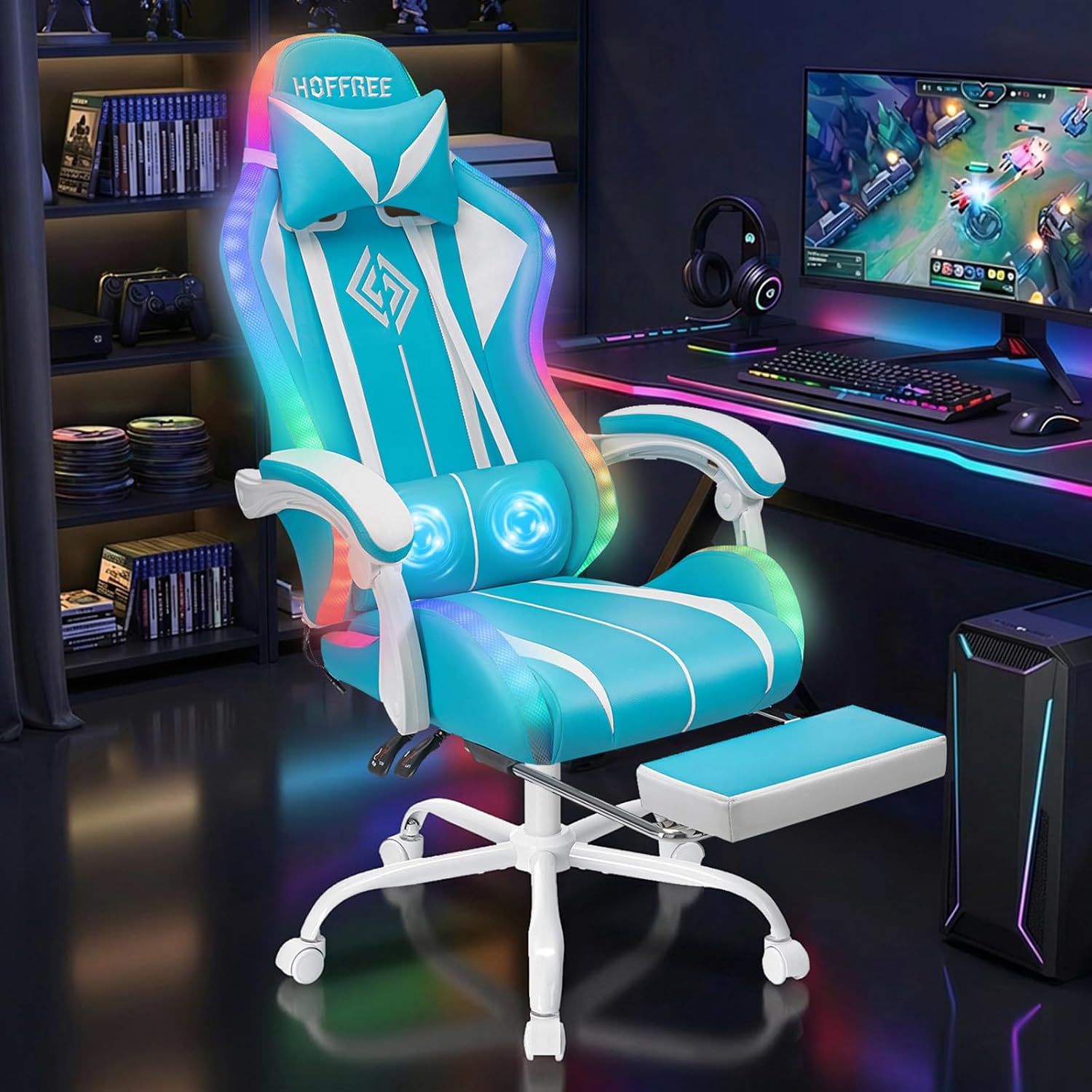 RGB Gaming Chair with LED Lights Massage Ergonomic Computer Gaming Chair High Back Video Game Chair with Footrest and Adjustable Lumbar Support Linkage Armrest Gamer Chairs for Adults Blue and White