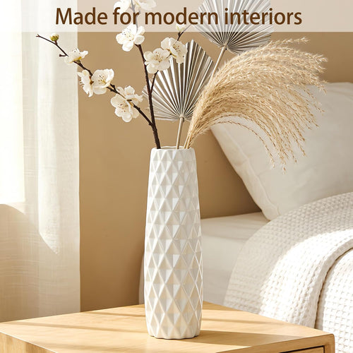 12 Inch White Vase Ceramic Flower Vase, Tall Vases for Pampas Grass, Home Decor, Modern Textured Vases for Living Room Decorations,Table Centerpieces,Shelf,Farmhouse Small Ceramic Vase