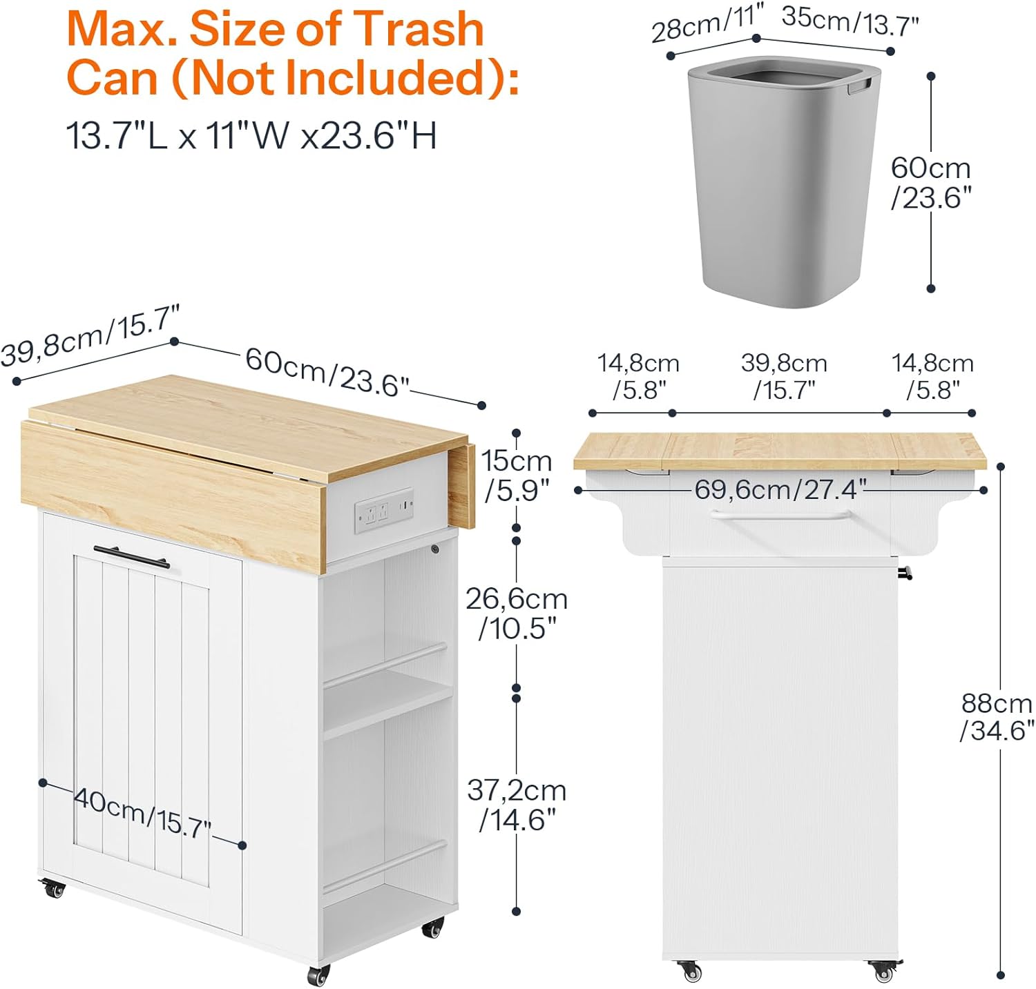 HOOBRO Kitchen Island with Trash Can Storage, Rolling Kitchen Island with Drop Leaf Countertop, Island Table with Power Outlet & Spice Rack, for 10 Gallon Garbage Bin, White and Natural WN33UZD01