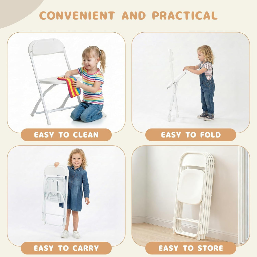 4 Pack Kids White Plastic Folding Chair with Metal Frame for Toddler&Children, Lightweight and Stackable Foldable Seats for Indoor, Outdoor, Classrooms, Desks, Parties, Events