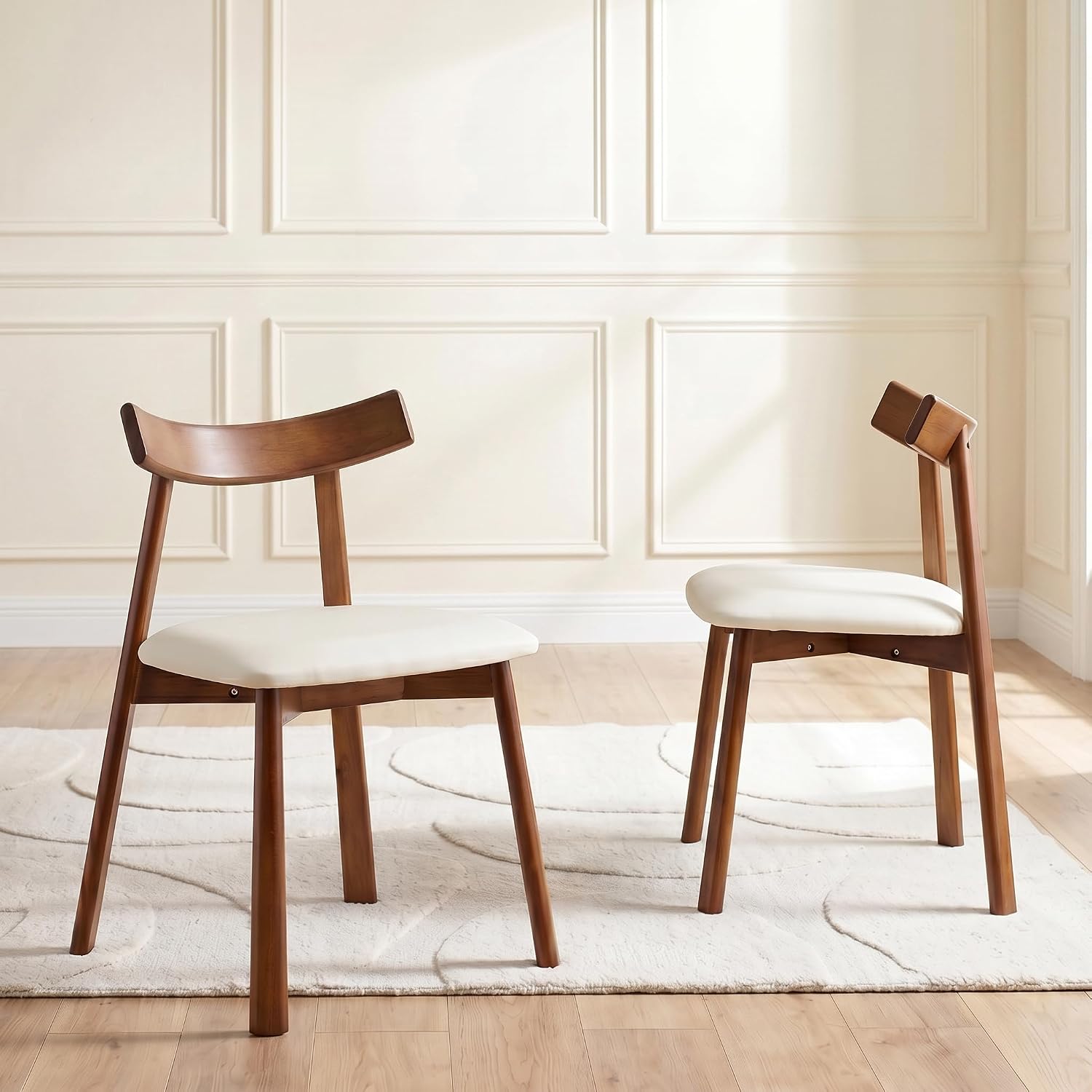 Dining Chairs Set of 2, Walnut Solid Wood Kitchen Chairs with White PU Leather Padded Seat, Curved Backrest, Mid Century Modern Armless Side Chairs for Dining Room, Kitchen, Living Room, Cafe